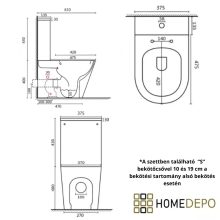 HD Echo White perem nélküli mély öblítésű íves monoblokkos WC alsó kifolyású, bidé funkcióval, slim "P" tetővel és matt fekete kiegészítőkkel + tartály