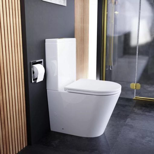 HD Dream Glossy White perem nélküli mély öblítésű íves monoblokkos WC hátsó kifolyású, fényes arany nyomógombbal, tető nélkül + tartály