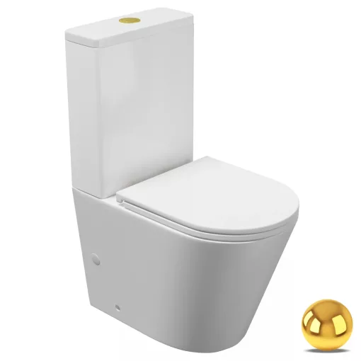 HD Dream Glossy White perem nélküli mély öblítésű íves monoblokkos WC alsó kifolyású, fényes arany nyomógombbal, tető nélkül + tartály