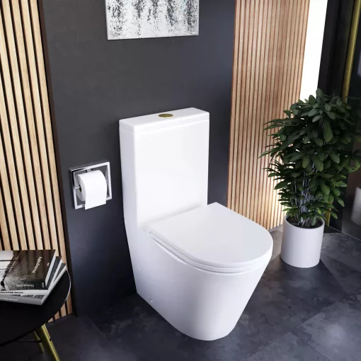 HD Dream Glossy White perem nélküli mély öblítésű íves monoblokkos WC alsó kifolyású, fényes arany nyomógombbal, tető nélkül + tartály