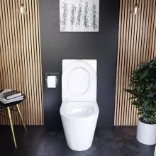 HD Dream Glossy White perem nélküli mély öblítésű íves monoblokkos WC alsó kifolyású, fényes arany nyomógombbal, tető nélkül + tartály