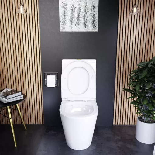 HD Dream Glossy White perem nélküli mély öblítésű íves monoblokkos WC alsó kifolyású, fényes arany nyomógombbal, tető nélkül + tartály