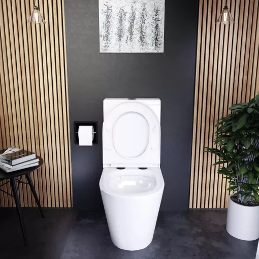 HD Dream Glossy White perem nélküli mély öblítésű íves monoblokkos WC hátsó kifolyású, matt fekete nyomógombbal, tető nélkül + tartály