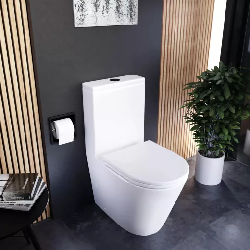 HD Dream Glossy White perem nélküli mély öblítésű íves monoblokkos WC alsó kifolyású, matt fekete nyomógombbal, tető nélkül + tartály