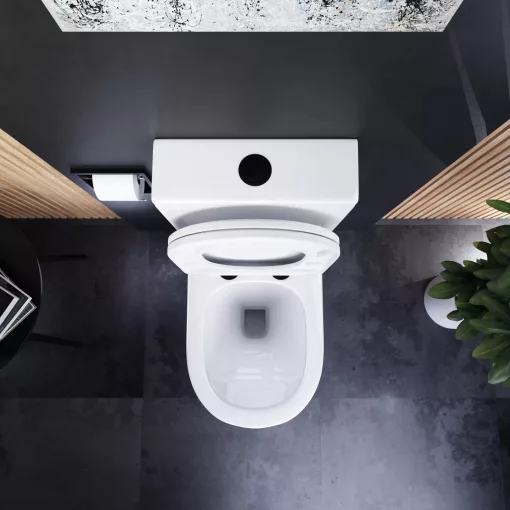 HD Dream Glossy White perem nélküli mély öblítésű íves monoblokkos WC alsó kifolyású, matt fekete nyomógombbal, tető nélkül + tartály