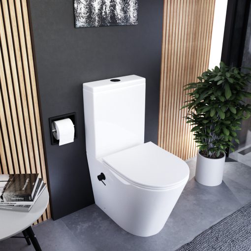 HD Echo White perem nélküli mély öblítésű íves monoblokkos WC alsó kifolyású, matt fekete bidé funkcióval, tető nélkül + tartály