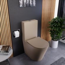 HD Dream Matt Cappucino perem nélküli mély öblítésű íves monoblokkos WC hátsó kifolyású slim "P" tetővel és fényes króm nyomógombbal + tartály