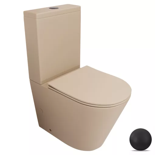 HD Dream Matt Cappucino perem nélküli mély öblítésű íves monoblokkos WC hátsó kifolyású slim "P" tetővel és matt fekete nyomógombbal + tartály