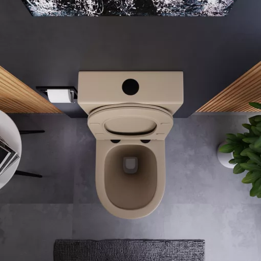 HD Dream Matt Cappucino perem nélküli mély öblítésű íves monoblokkos WC hátsó kifolyású slim "P" tetővel és matt fekete nyomógombbal + tartály