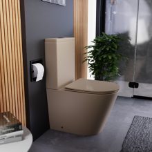 HD Dream Matt Cappucino perem nélküli mély öblítésű íves monoblokkos WC alsó kifolyású slim "P" tetővel és matt fekete nyomógombbal + tartály