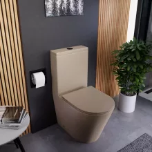 HD Dream Matt Cappucino perem nélküli mély öblítésű íves monoblokkos WC alsó kifolyású, matt fekete nyomógombbal, tető nélkül + tartály