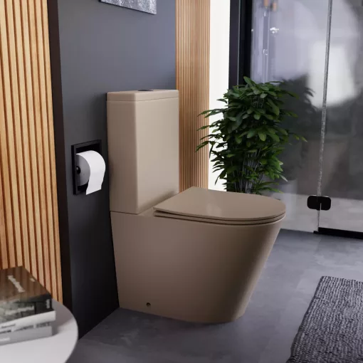 HD Dream Matt Cappucino perem nélküli mély öblítésű íves monoblokkos WC alsó kifolyású, matt fekete nyomógombbal, tető nélkül + tartály