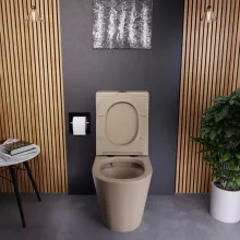 HD Dream Matt Cappucino perem nélküli mély öblítésű íves monoblokkos WC alsó kifolyású, matt fekete nyomógombbal, tető nélkül + tartály