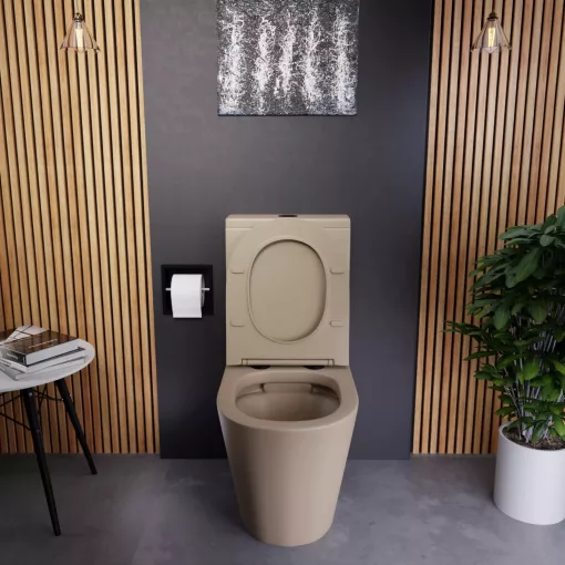 HD Dream Matt Cappucino perem nélküli mély öblítésű íves monoblokkos WC alsó kifolyású, matt fekete nyomógombbal, tető nélkül + tartály