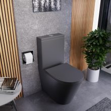 HD Dream Matt Antracit perem nélküli mély öblítésű íves monoblokkos WC hátsó kifolyású slim "P" tetővel és fényes króm nyomógombbal + tartály