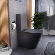 HD Dream Matt Antracit perem nélküli mély öblítésű íves monoblokkos WC hátsó kifolyású slim "P" tetővel és fényes króm nyomógombbal + tartály