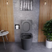 HD Dream Matt Antracit perem nélküli mély öblítésű íves monoblokkos WC hátsó kifolyású slim "P" tetővel és fényes króm nyomógombbal + tartály