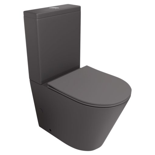 HD Dream Matt Antracit perem nélküli mély öblítésű íves monoblokkos WC alsó kifolyású slim "P" tetővel és fényes króm nyomógombbal + tartály