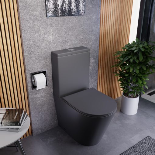 HD Dream Matt Antracit perem nélküli mély öblítésű íves monoblokkos WC alsó kifolyású slim "P" tetővel és fényes króm nyomógombbal + tartály