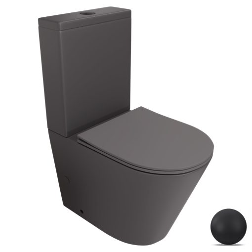 HD Dream Matt Antracit perem nélküli mély öblítésű íves monoblokkos WC hátsó kifolyású slim "P" tetővel és matt fekete nyomógombbal + tartály