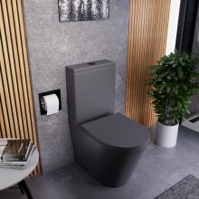 HD Dream Matt Antracit perem nélküli mély öblítésű íves monoblokkos WC alsó kifolyású slim "P" tetővel és matt fekete nyomógombbal + tartály