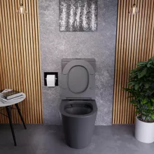 HD Dream Matt Antracit perem nélküli mély öblítésű íves monoblokkos WC hátsó kifolyású, matt fekete nyomógombbal, tető nélkül + tartály