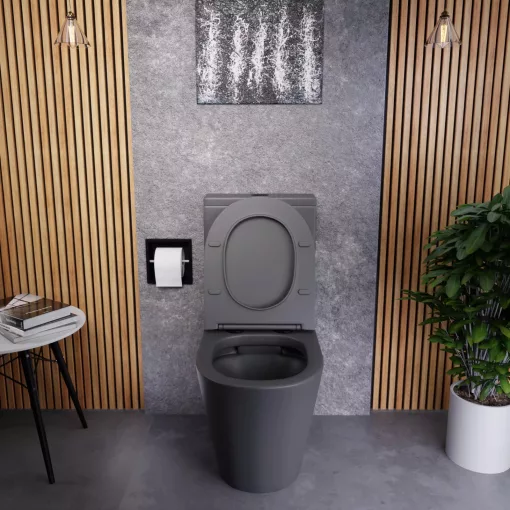 HD Dream Matt Antracit perem nélküli mély öblítésű íves monoblokkos WC hátsó kifolyású, matt fekete nyomógombbal, tető nélkül + tartály