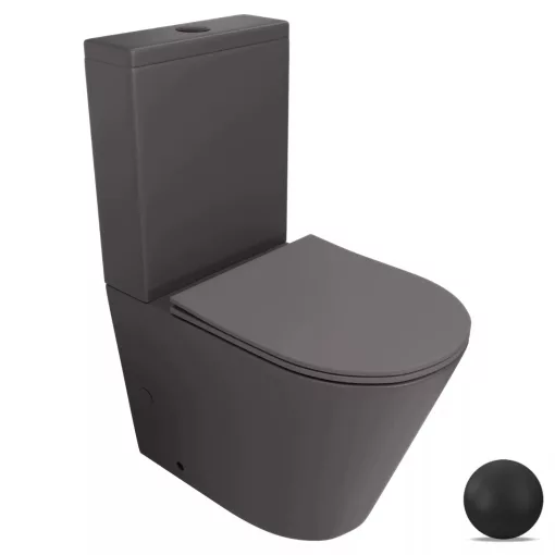 HD Dream Matt Antracit perem nélküli mély öblítésű íves monoblokkos WC alsó kifolyású, matt fekete nyomógombbal, tető nélkül + tartály