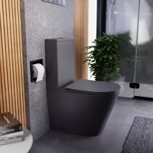 HD Dream Matt Antracit perem nélküli mély öblítésű íves monoblokkos WC alsó kifolyású, matt fekete nyomógombbal, tető nélkül + tartály