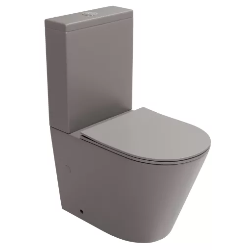 HD Dream Matt Grey perem nélküli mély öblítésű íves monoblokkos WC alsó kifolyású slim "P" tetővel és fényes króm nyomógombbal + tartály