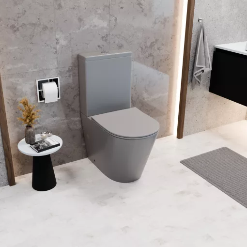 HD Dream Matt Grey perem nélküli mély öblítésű íves monoblokkos WC alsó kifolyású slim "P" tetővel és fényes króm nyomógombbal + tartály