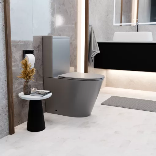 HD Dream Matt Grey perem nélküli mély öblítésű íves monoblokkos WC alsó kifolyású slim "P" tetővel és fényes króm nyomógombbal + tartály