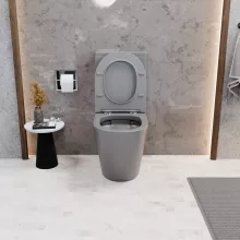 HD Dream Matt Grey perem nélküli mély öblítésű íves monoblokkos WC alsó kifolyású slim "P" tetővel és fényes króm nyomógombbal + tartály