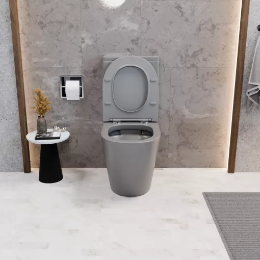 HD Dream Matt Grey perem nélküli mély öblítésű íves monoblokkos WC alsó kifolyású slim "P" tetővel és fényes króm nyomógombbal + tartály