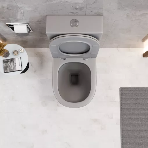 HD Dream Matt Grey perem nélküli mély öblítésű íves monoblokkos WC alsó kifolyású slim "P" tetővel és fényes króm nyomógombbal + tartály