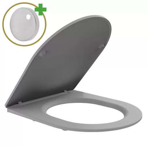 HD Dream Matt Grey perem nélküli mély öblítésű íves monoblokkos WC alsó kifolyású slim "P" tetővel és fényes króm nyomógombbal + tartály