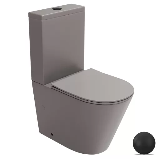 HD Dream Matt Grey perem nélküli mély öblítésű íves monoblokkos WC alsó kifolyású slim "P" tetővel és matt fekete nyomógombbal + tartály
