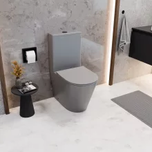 HD Dream Matt Grey perem nélküli mély öblítésű íves monoblokkos WC alsó kifolyású slim "P" tetővel és matt fekete nyomógombbal + tartály