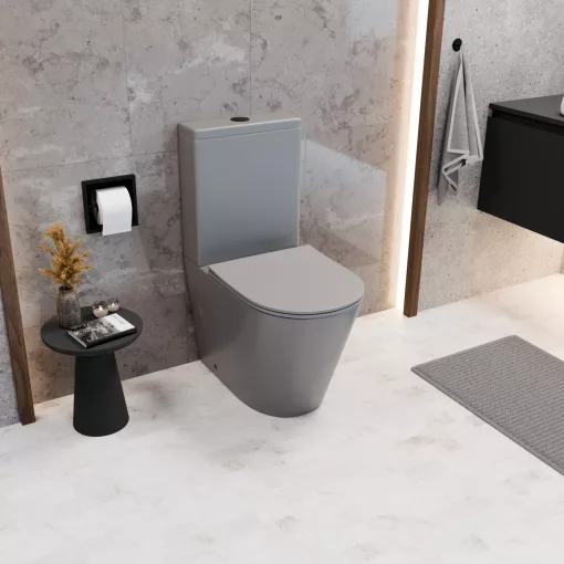 HD Dream Matt Grey perem nélküli mély öblítésű íves monoblokkos WC alsó kifolyású slim "P" tetővel és matt fekete nyomógombbal + tartály
