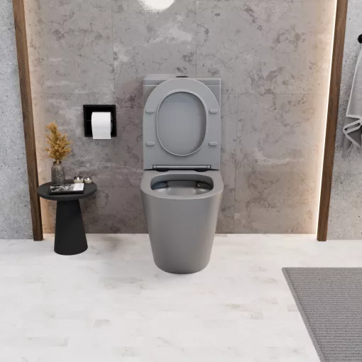 HD Dream Matt Grey perem nélküli mély öblítésű íves monoblokkos WC alsó kifolyású slim "P" tetővel és matt fekete nyomógombbal + tartály