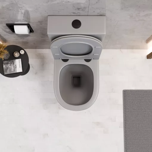 HD Dream Matt Grey perem nélküli mély öblítésű íves monoblokkos WC alsó kifolyású slim "P" tetővel és matt fekete nyomógombbal + tartály