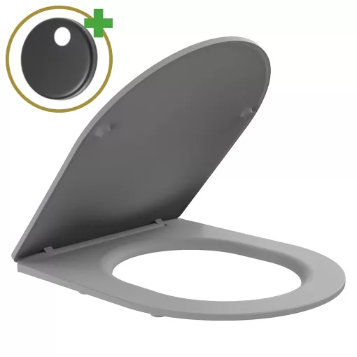 HD Dream Matt Grey perem nélküli mély öblítésű íves monoblokkos WC alsó kifolyású slim "P" tetővel és matt fekete nyomógombbal + tartály
