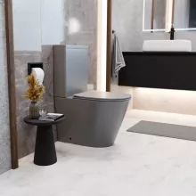 HD Dream Matt Grey perem nélküli mély öblítésű íves monoblokkos WC hátsó kifolyású, matt fekete nyomógombbal, tető nélkül + tartály