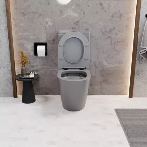 HD Dream Matt Grey perem nélküli mély öblítésű íves monoblokkos WC hátsó kifolyású, matt fekete nyomógombbal, tető nélkül + tartály