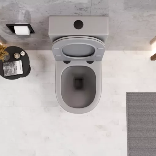 HD Dream Matt Grey perem nélküli mély öblítésű íves monoblokkos WC hátsó kifolyású, matt fekete nyomógombbal, tető nélkül + tartály