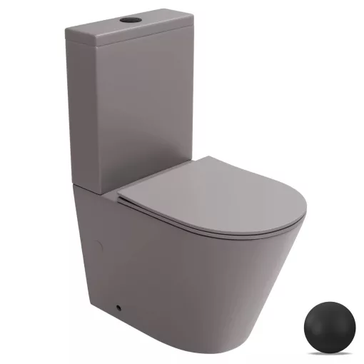 HD Dream Matt Grey perem nélküli mély öblítésű íves monoblokkos WC alsó kifolyású, matt fekete nyomógombbal, tető nélkül + tartály
