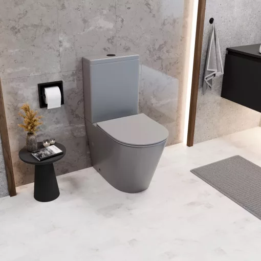 HD Dream Matt Grey perem nélküli mély öblítésű íves monoblokkos WC alsó kifolyású, matt fekete nyomógombbal, tető nélkül + tartály