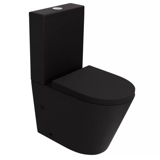 HD Dream Matt Black perem nélküli mély öblítésű íves fekete monoblokkos WC hátsó kifolyású compact "A" tetővel és fényes króm kiegészítőkkel + tartály