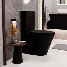HD Dream Matt Black perem nélküli mély öblítésű íves fekete monoblokkos WC hátsó kifolyású compact "A" tetővel és fényes króm kiegészítőkkel + tartály