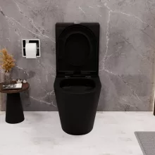 HD Dream Matt Black perem nélküli mély öblítésű íves fekete monoblokkos WC hátsó kifolyású compact "A" tetővel és fényes króm kiegészítőkkel + tartály